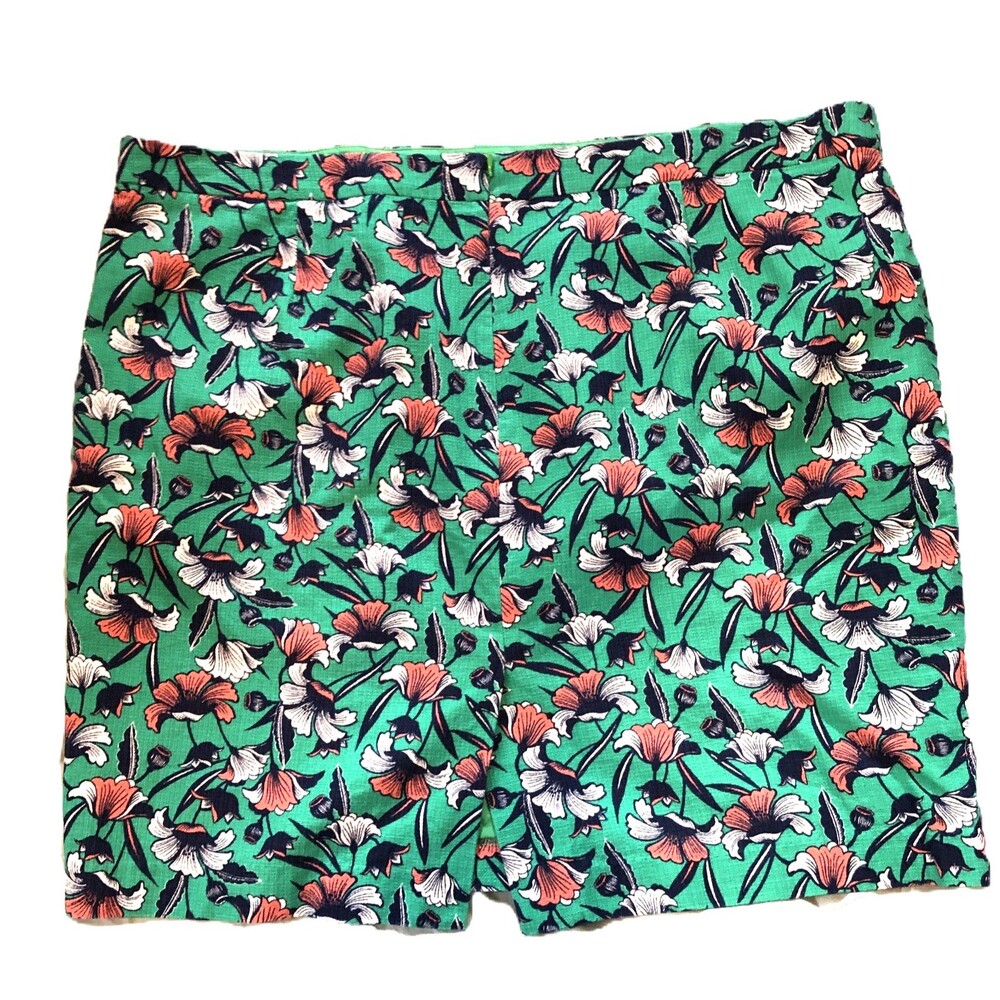 J by J Crew Plus Floral Printed Basketweave Skirt Green Coral Garden Cottage